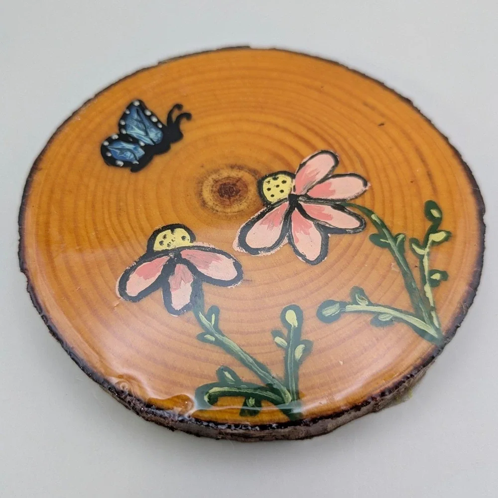 Hand Painted‎ Wood Slice Coasters Set of 4 Floral Butterfly Live Edge Rustic Art
